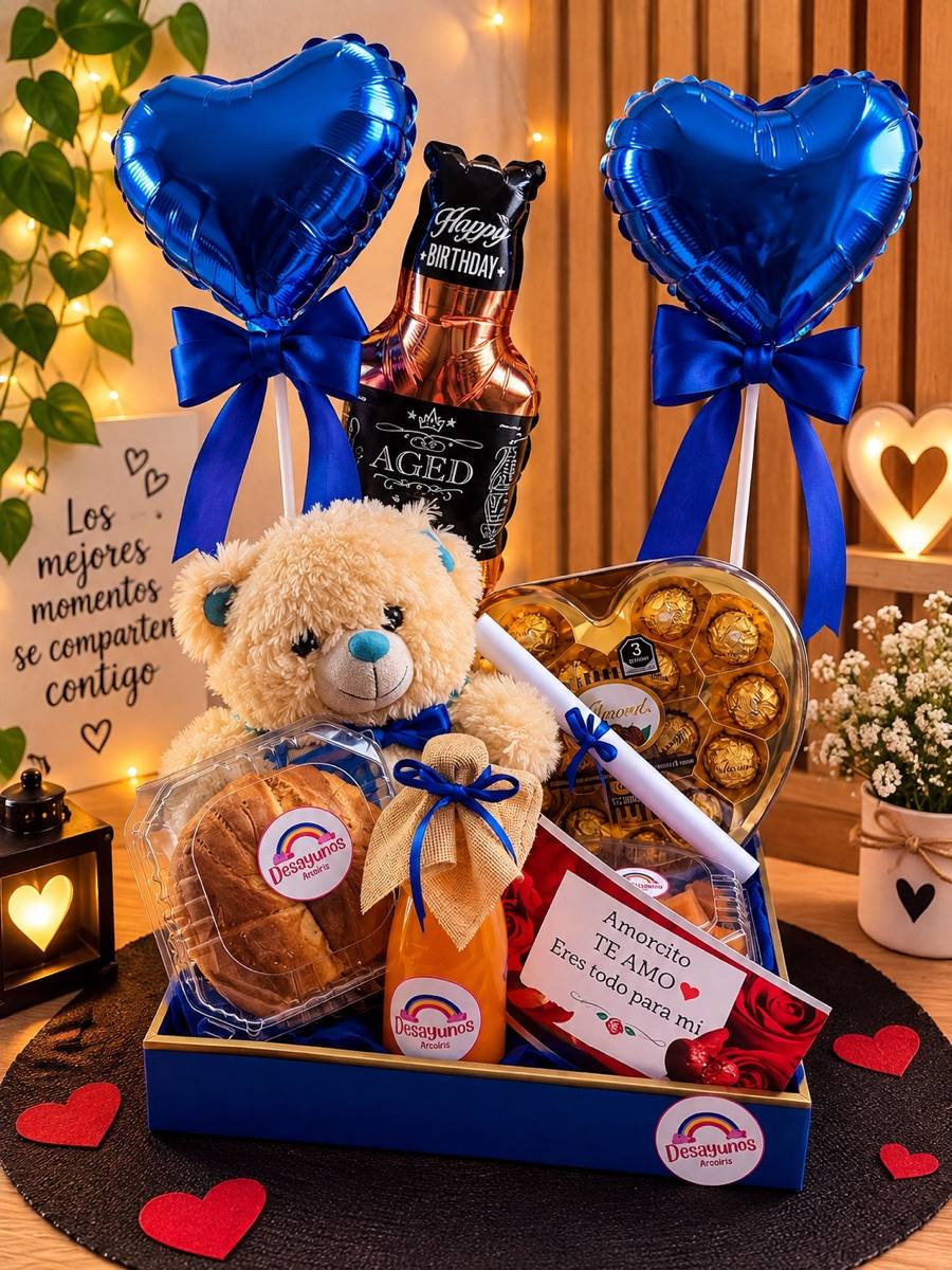 Charola de regalo Corazón Azul con oso de peluche, globos de corazón y chocolates, desayuno a domicilio en Puebla