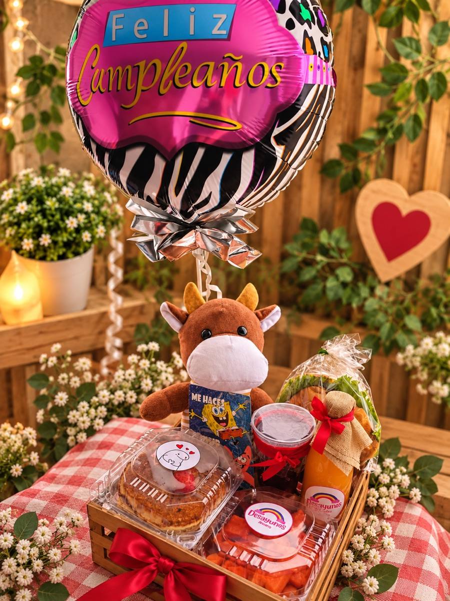 Caja de madera Feliz Cumpleaños con vaquita de peluche, globo y hotcakes, desayuno sorpresa en Puebla