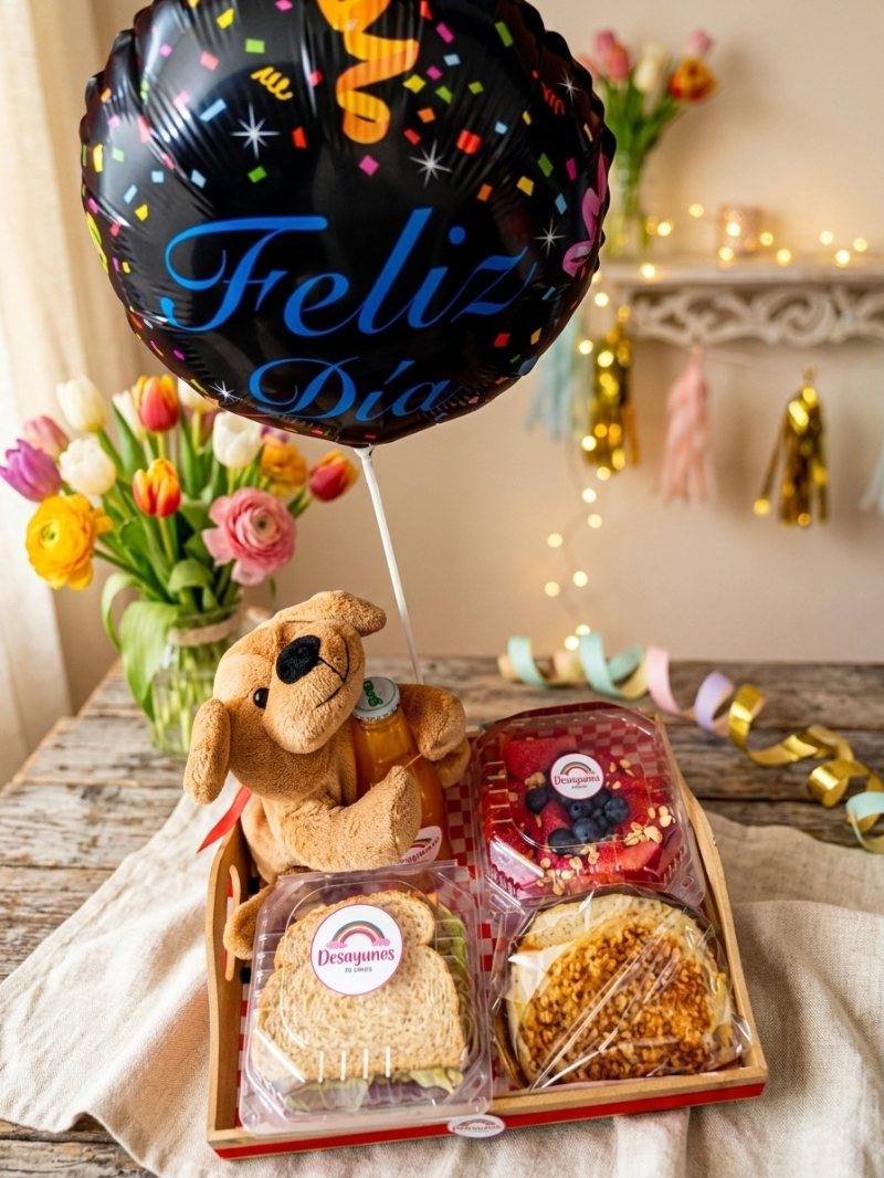 Charola Feliz Día con perrito de peluche, globo y frutos rojos con granola, desayuno a domicilio en Puebla